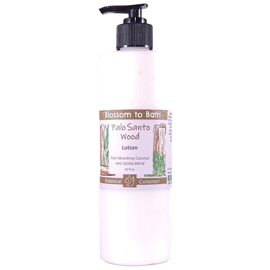 Buy Blossom to Bath Palo Santo Wood Lotion from Flowersong Soap Studio.   Daily Use Lotion with a Warm Woody Scent that Soaks in Quickly to Soften and Smooth Skin .  Soulful warm Palo Santo blends with spices and herbs accented with Sandalwood.