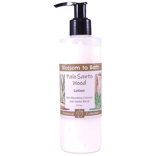 Buy Blossom to Bath Palo Santo Wood Lotion from Flowersong Soap Studio.   Daily Use Lotion with a Warm Woody Scent that Soaks in Quickly to Soften and Smooth Skin .  Soulful warm Palo Santo blends with spices and herbs accented with Sandalwood.