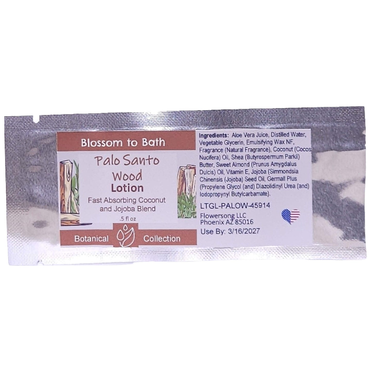 Buy Blossom to Bath Palo Santo Wood Lotion from Flowersong Soap Studio.   Daily Use Lotion with a Warm Woody Scent that Soaks in Quickly to Soften and Smooth Skin .  Soulful warm Palo Santo blends with spices and herbs accented with Sandalwood.