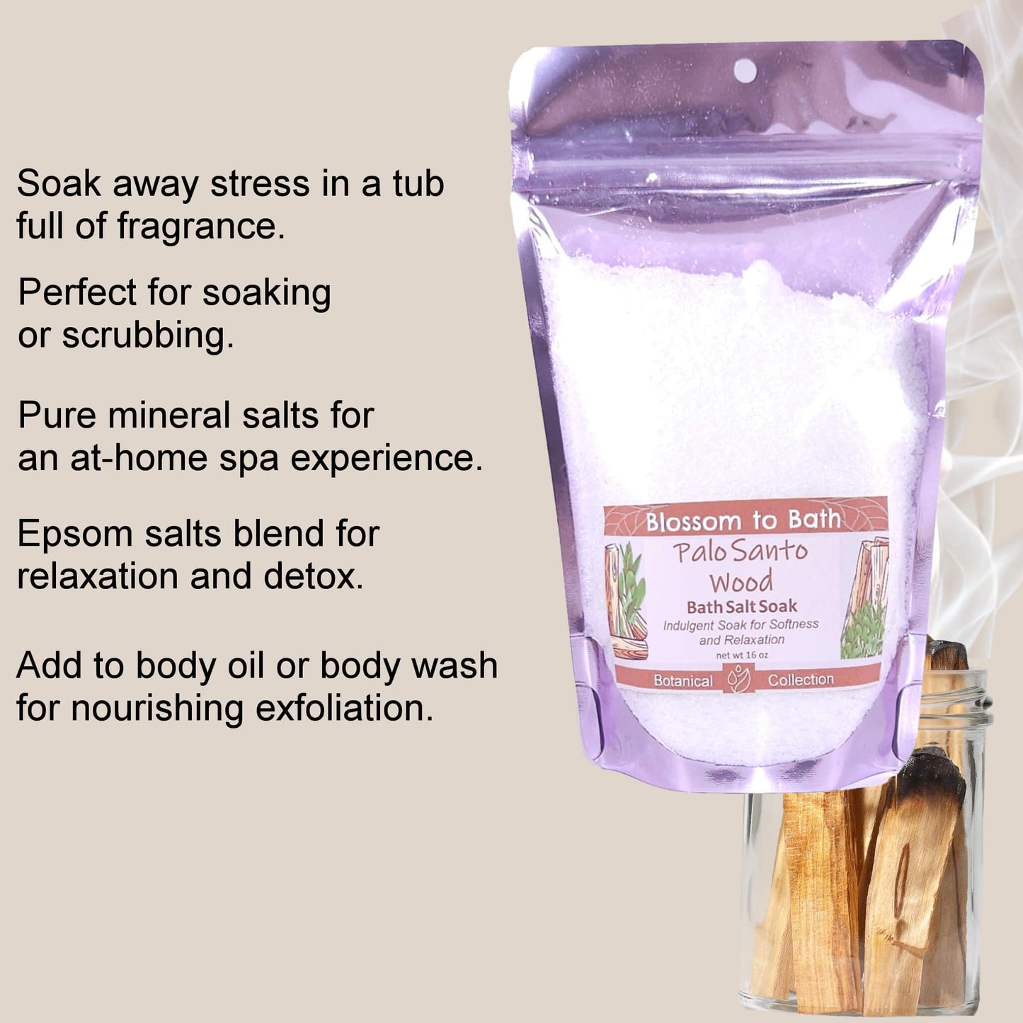 Palo Santo Wood Bath Salt Soak (16 ounce) - Natural Fragrance