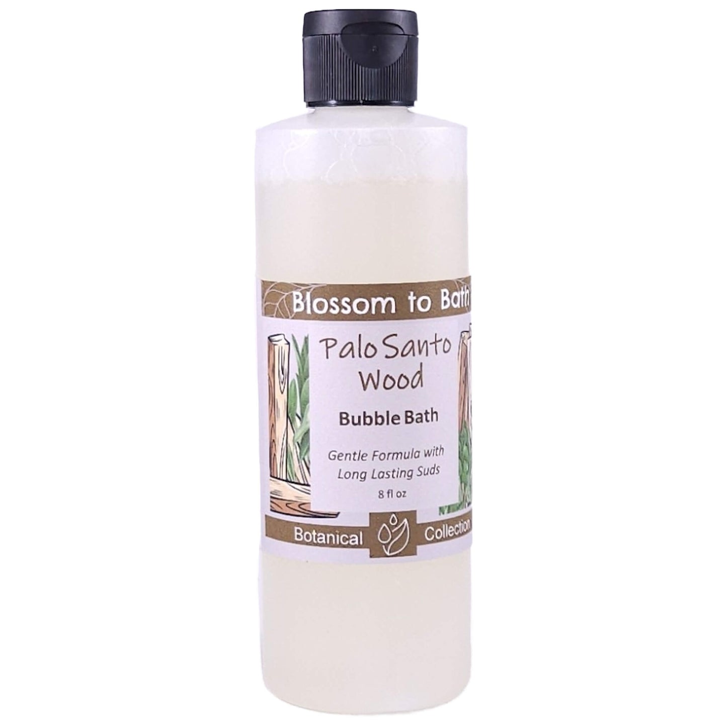 Buy Blossom to Bath Palo Santo Wood Bubble Bath from Flowersong Soap Studio.   Lively, Long Lasting Bubbles in a Gentle Warm Woody Scented Formula for Maximum Relaxation Time .  Soulful warm Palo Santo blends with spices and herbs accented with Sandalwood.