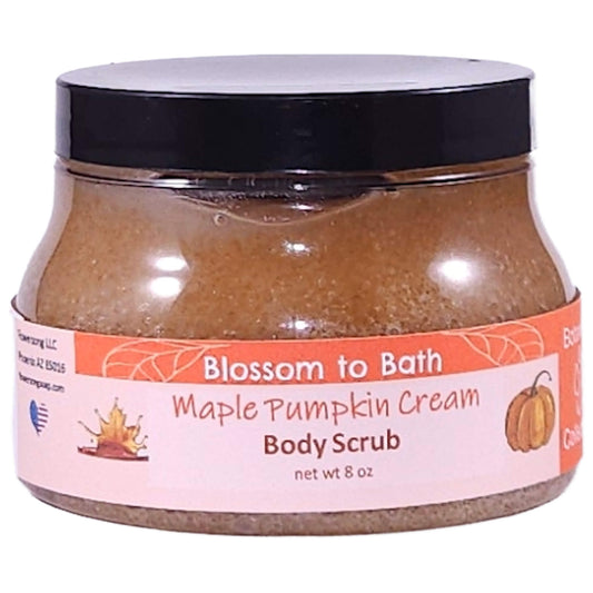 Buy Blossom to Bath Maple Pumpkin Cream Body Scrub from Flowersong Soap Studio.   Large Crystal Turbinado Sugar Scrub with Warm Maple and Spice Scented Emollient Oils - Exfoliate and Moisturize in One Step .  A delightful scent of fresh baked pumpkin spice bread smothered in maple syrup and whipped cream.