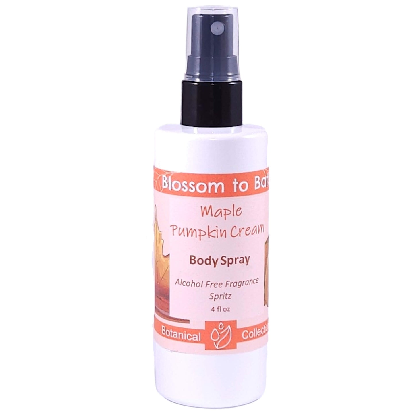 Buy Blossom to Bath Maple Pumpkin Cream Body Spray from Flowersong Soap Studio.   Alcohol Free Body Spray for Warm Maple and Spice Scented Freshening of Skin, Linens, or Air .  A delightful scent of fresh baked pumpkin spice bread smothered in maple syrup and whipped cream.