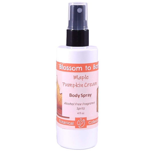 Buy Blossom to Bath Maple Pumpkin Cream Body Spray from Flowersong Soap Studio.   Alcohol Free Body Spray for Warm Maple and Spice Scented Freshening of Skin, Linens, or Air .  A delightful scent of fresh baked pumpkin spice bread smothered in maple syrup and whipped cream.