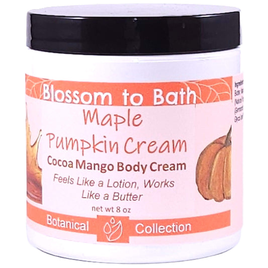 Buy Blossom to Bath Maple Pumpkin Cream Cocoa Mango Body Cream from Flowersong Soap Studio.   Rich Body Cream with Warm Maple and Spice Scented Butters Softens Even the Roughest Skin All Day .  A delightful scent of fresh baked pumpkin spice bread smothered in maple syrup and whipped cream.