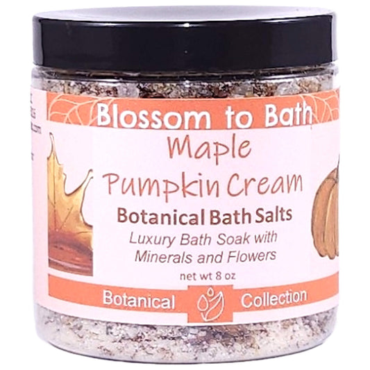 Buy Blossom to Bath Maple Pumpkin Cream Botanical Bath Salts from Flowersong Soap Studio.   A Hand Selected Variety of Skin Loving Botanicals for a Luxurious Warm Maple and Spice Scented Soaking Experience .  A delightful scent of fresh baked pumpkin spice bread smothered in maple syrup and whipped cream.