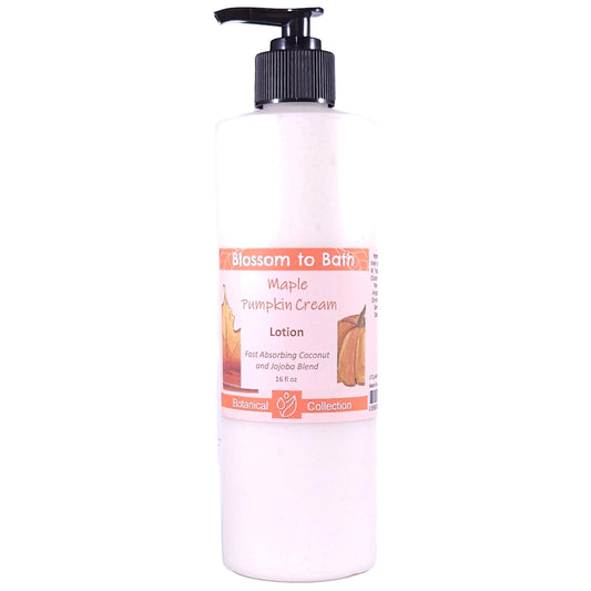 Buy Blossom to Bath Maple Pumpkin Cream Lotion from Flowersong Soap Studio.   Daily Use Lotion with a Warm Maple and Spice Scent that Soaks in Quickly to Soften and Smooth Skin .  A delightful scent of fresh baked pumpkin spice bread smothered in maple syrup and whipped cream.
