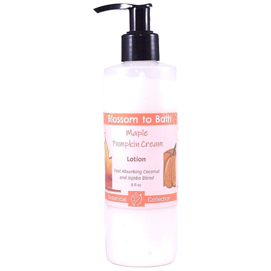 Buy Blossom to Bath Maple Pumpkin Cream Lotion from Flowersong Soap Studio.   Daily Use Lotion with a Warm Maple and Spice Scent that Soaks in Quickly to Soften and Smooth Skin .  A delightful scent of fresh baked pumpkin spice bread smothered in maple syrup and whipped cream.