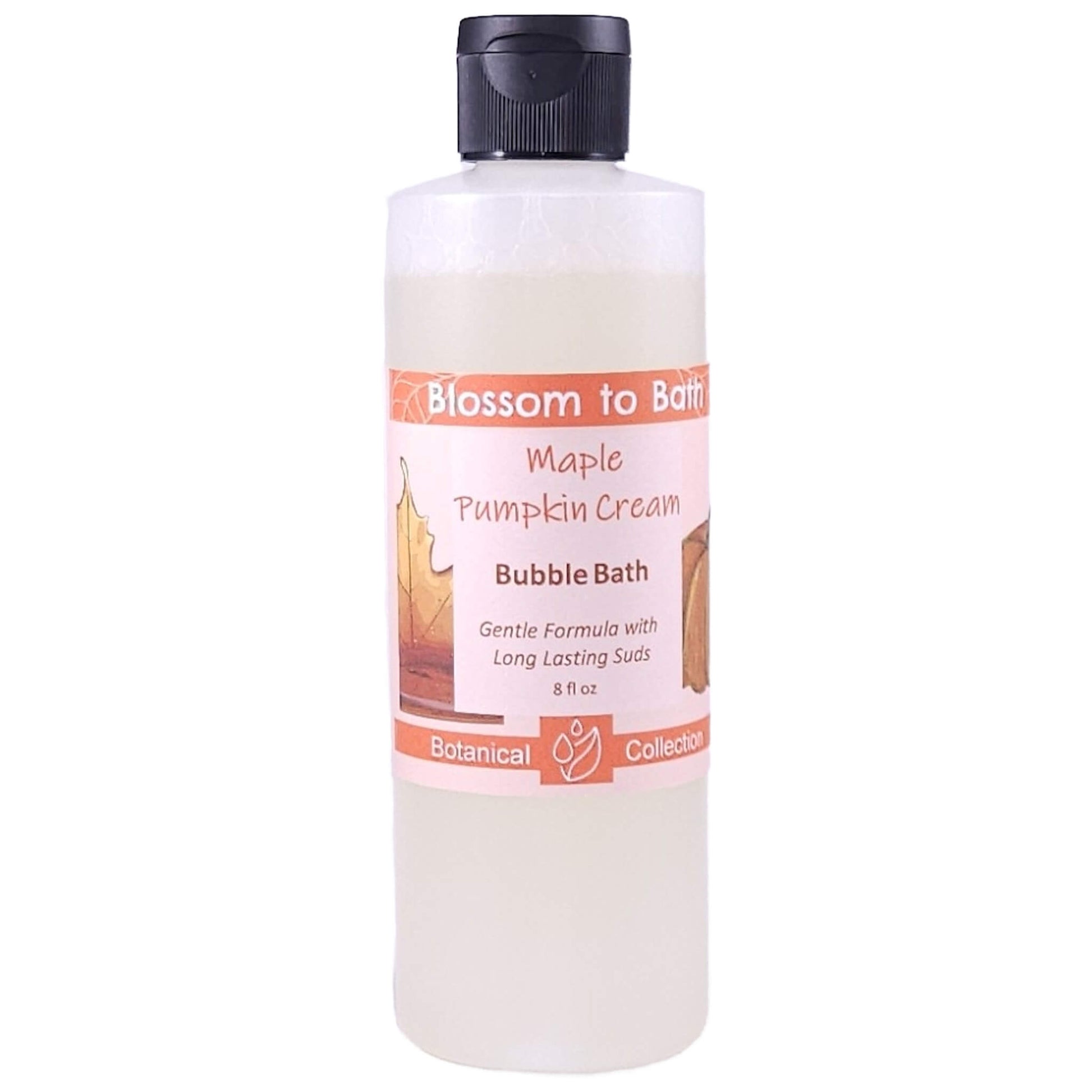 Buy Blossom to Bath Maple Pumpkin Cream Bubble Bath from Flowersong Soap Studio.   Lively, Long Lasting Bubbles in a Gentle Warm Maple and Spice Scented Formula for Maximum Relaxation Time .  A delightful scent of fresh baked pumpkin spice bread smothered in maple syrup and whipped cream.