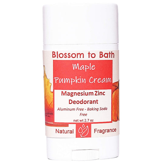 Buy Blossom to Bath Maple Pumpkin Cream Magnesium Zinc Deodorant from Flowersong Soap Studio.   Natural Deodorant Protection with a Long Lasting Warm Maple and Spice Scent Made from Pure Botanicals and Butters .  A delightful scent of fresh baked pumpkin spice bread smothered in maple syrup and whipped cream.