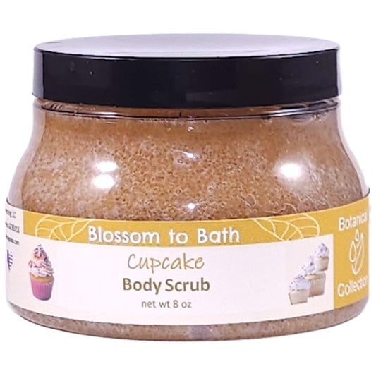 Buy Blossom to Bath Cupcake Body Scrub from Flowersong Soap Studio.   Large Crystal Turbinado Sugar Scrub with Vanilla Cupcake Scented Emollient Oils - Exfoliate and Moisturize in One Step .  The essence of a vanilla buttercream frosted bakery fresh cupcake.