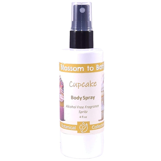 Buy Blossom to Bath Cupcake Body Spray from Flowersong Soap Studio.   Alcohol Free Body Spray for Vanilla Cupcake Scented Freshening of Skin, Linens, or Air .  The essence of a vanilla buttercream frosted bakery fresh cupcake.