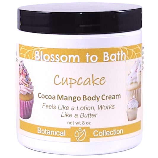 Buy Blossom to Bath Cupcake Cocoa Mango Body Cream from Flowersong Soap Studio.   Rich Body Cream with Vanilla Cupcake Scented Butters Softens Even the Roughest Skin All Day .  The essence of a vanilla buttercream frosted bakery fresh cupcake.