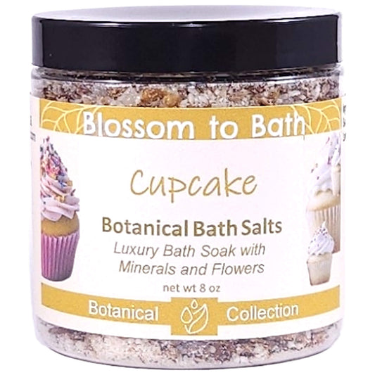 Buy Blossom to Bath Cupcake Botanical Bath Salts from Flowersong Soap Studio.   A Hand Selected Variety of Skin Loving Botanicals for a Luxurious Vanilla Cupcake Scented Soaking Experience .  The essence of a vanilla buttercream frosted bakery fresh cupcake.
