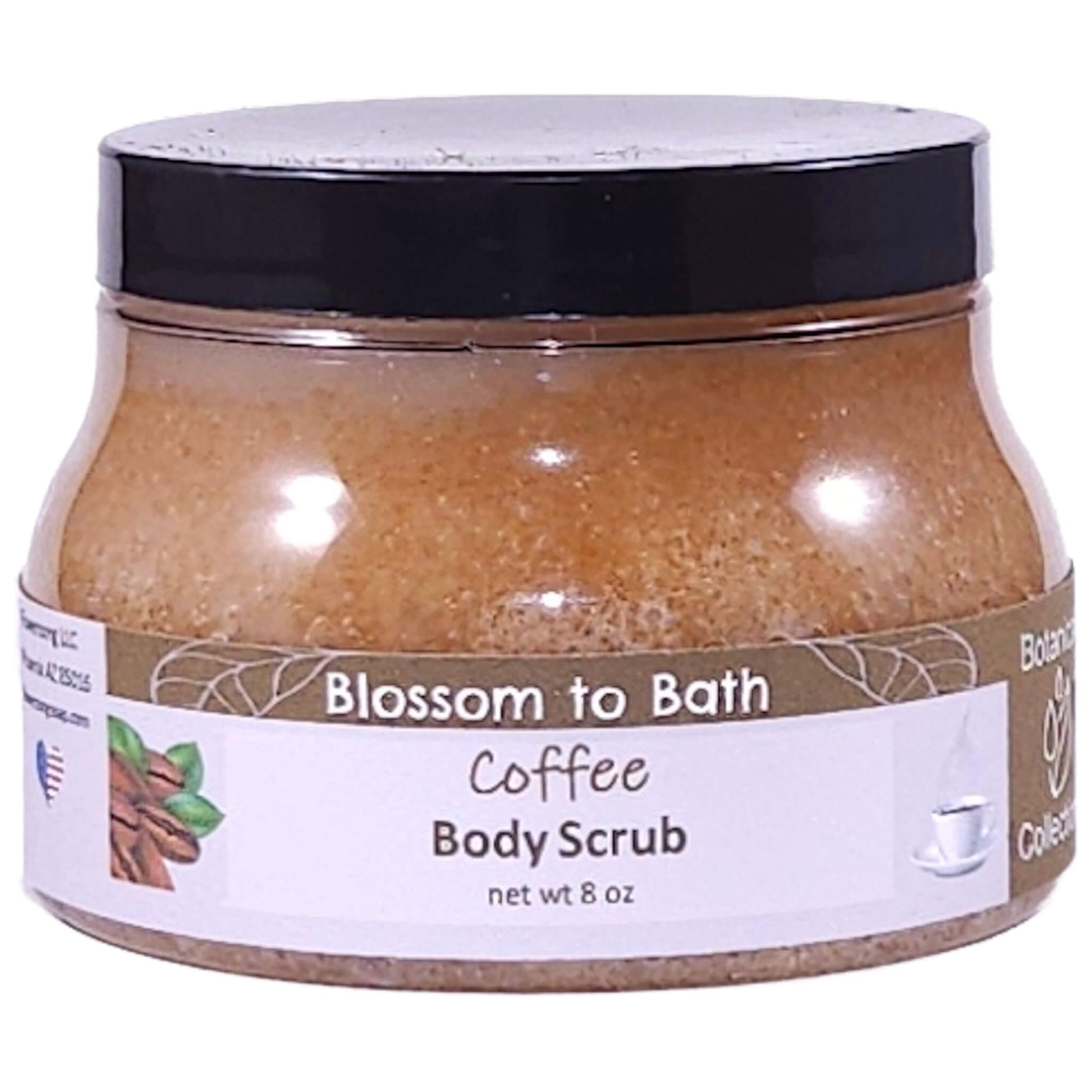 Buy Blossom to Bath Coffee Body Scrub from Flowersong Soap Studio.   Large Crystal Turbinado Sugar Scrub with Fresh Brewed Coffee Scented Emollient Oils - Exfoliate and Moisturize in One Step .  Dark roast coffee laced with hints of cream and sugar.