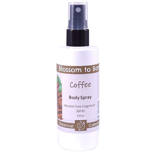 Buy Blossom to Bath Coffee Body Spray from Flowersong Soap Studio.   Alcohol Free Body Spray for Fresh Brewed Coffee Scented Freshening of Skin, Linens, or Air .  Dark roast coffee laced with hints of cream and sugar.