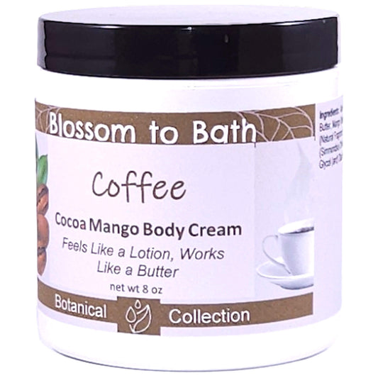 Buy Blossom to Bath Coffee Cocoa Mango Body Cream from Flowersong Soap Studio.   Rich Body Cream with Fresh Brewed Coffee Scented Butters Softens Even the Roughest Skin All Day .  Dark roast coffee laced with hints of cream and sugar.