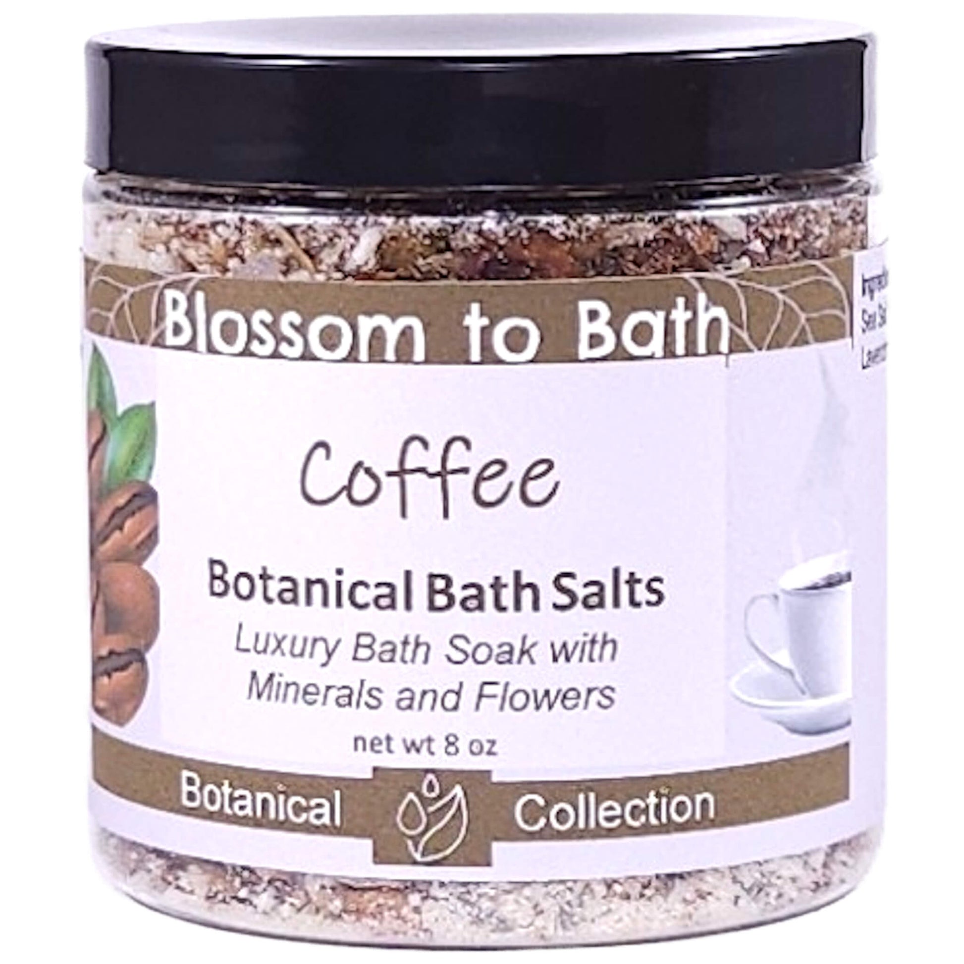 Buy Blossom to Bath Coffee Botanical Bath Salts from Flowersong Soap Studio.   A Hand Selected Variety of Skin Loving Botanicals for a Luxurious Fresh Brewed Coffee Scented Soaking Experience .  Dark roast coffee laced with hints of cream and sugar.