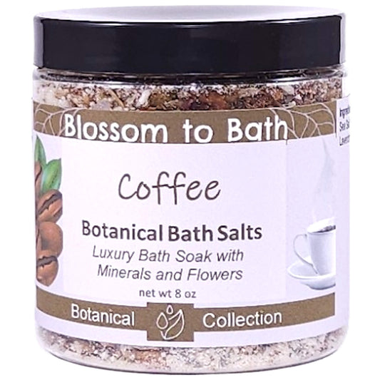 Buy Blossom to Bath Coffee Botanical Bath Salts from Flowersong Soap Studio.   A Hand Selected Variety of Skin Loving Botanicals for a Luxurious Fresh Brewed Coffee Scented Soaking Experience .  Dark roast coffee laced with hints of cream and sugar.