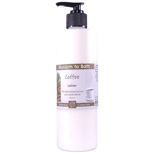 Buy Blossom to Bath Coffee Lotion from Flowersong Soap Studio.   Daily Use Lotion with a Fresh Brewed Coffee Scent that Soaks in Quickly to Soften and Smooth Skin .  Dark roast coffee laced with hints of cream and sugar.