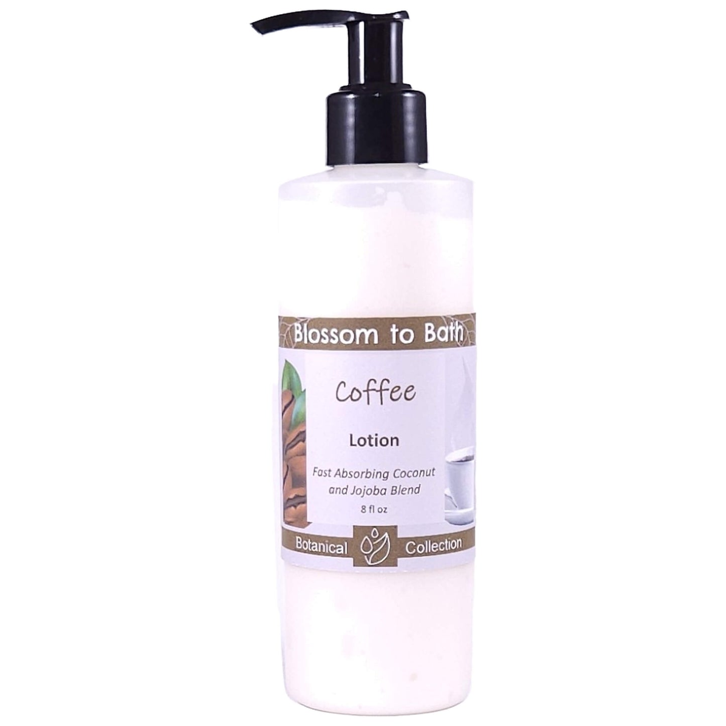 Buy Blossom to Bath Coffee Lotion from Flowersong Soap Studio.   Daily Use Lotion with a Fresh Brewed Coffee Scent that Soaks in Quickly to Soften and Smooth Skin .  Dark roast coffee laced with hints of cream and sugar.