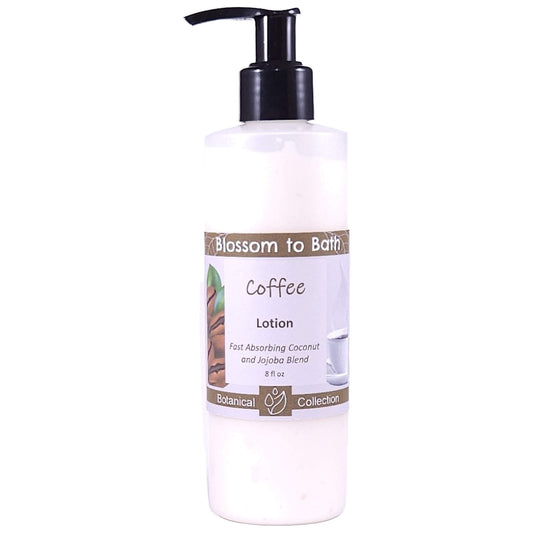 Buy Blossom to Bath Coffee Lotion from Flowersong Soap Studio.   Daily Use Lotion with a Fresh Brewed Coffee Scent that Soaks in Quickly to Soften and Smooth Skin .  Dark roast coffee laced with hints of cream and sugar.