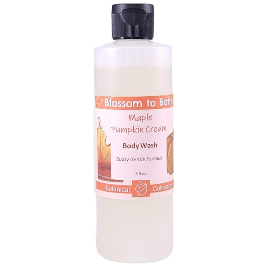 Buy Blossom to Bath Maple Pumpkin Cream Body Wash from Flowersong Soap Studio.   Gentle Body Wash for Refreshed and Silky Skin with a Super Sudsy Luxurious Warm Maple and Spice Scent .  A delightful scent of fresh baked pumpkin spice bread smothered in maple syrup and whipped cream.