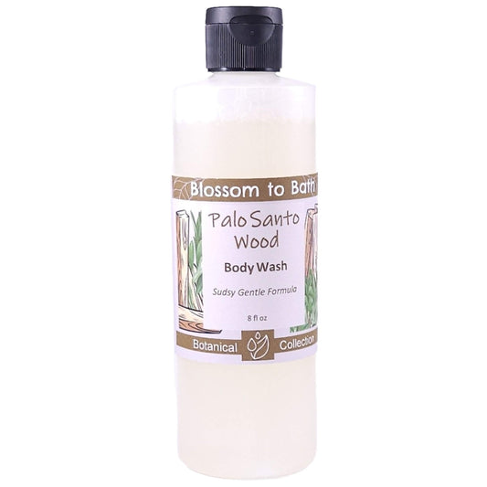 Buy Blossom to Bath Palo Santo Wood Body Wash from Flowersong Soap Studio.   Gentle Body Wash for Refreshed and Silky Skin with a Super Sudsy Luxurious Warm Woody Scent .  Soulful warm Palo Santo blends with spices and herbs accented with Sandalwood.