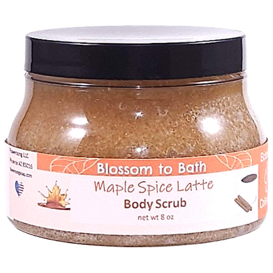 Buy Blossom to Bath Maple Spice Latte Body Scrub from Flowersong Soap Studio.   Large Crystal Turbinado Sugar Scrub with Sweet Spice and Coffee Scented Emollient Oils - Exfoliate and Moisturize in One Step .  A creamy blend of maple spice and roasted coffee that smells like a cozy fall latte. Sweet, warm, and bakery-inspired — it’s the scent of autumn comfort in a cup.
