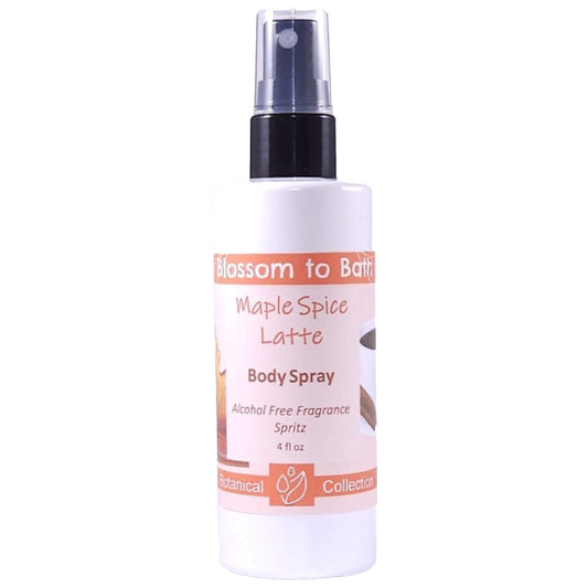 Buy Blossom to Bath Maple Spice Latte Body Spray from Flowersong Soap Studio.   Alcohol Free Body Spray for Sweet Spice and Coffee Scented Freshening of Skin, Linens, or Air .  A creamy blend of maple spice and roasted coffee that smells like a cozy fall latte. Sweet, warm, and bakery-inspired — it’s the scent of autumn comfort in a cup.