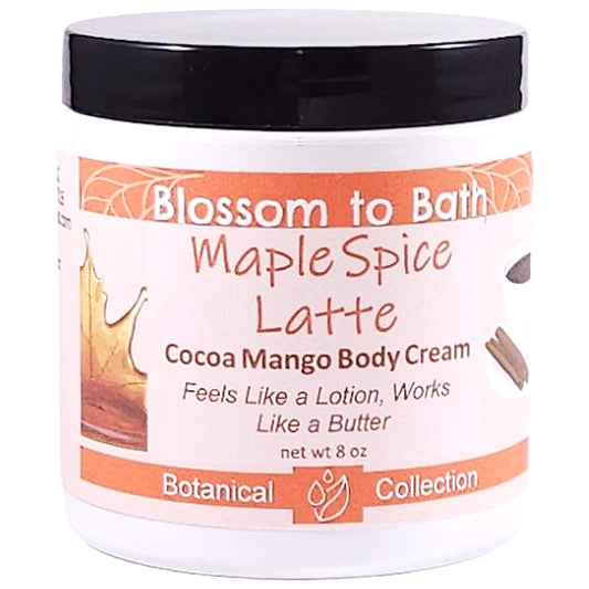 Buy Blossom to Bath Maple Spice Latte Cocoa Mango Body Cream from Flowersong Soap Studio.   Rich Body Cream with Sweet Spice and Coffee Scented Butters Softens Even the Roughest Skin All Day .  A creamy blend of maple spice and roasted coffee that smells like a cozy fall latte. Sweet, warm, and bakery-inspired — it’s the scent of autumn comfort in a cup.