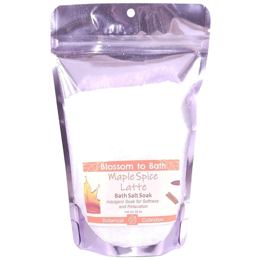 Buy Blossom to Bath Maple Spice Latte Bath Salt Soak from Flowersong Soap Studio.   Pure Epsom Salts for a Versatile and Luxurious Sweet Spice and Coffee Scented Soaking Experience .  A creamy blend of maple spice and roasted coffee that smells like a cozy fall latte. Sweet, warm, and bakery-inspired — it’s the scent of autumn comfort in a cup.