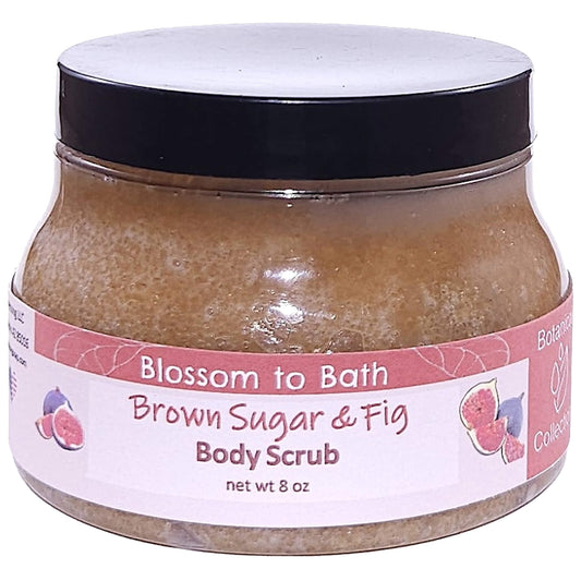 Buy Blossom to Bath Brown Sugar & Fig Body Scrub from Flowersong Soap Studio.   Large Crystal Turbinado Sugar Scrub with Sweet and Fruity Scented Emollient Oils - Exfoliate and Moisturize in One Step .  A warm, syrupy blend of fig and brown sugar that feels cozy, sweet, and naturally indulgent.