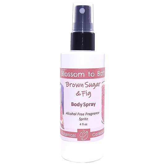 Buy Blossom to Bath Brown Sugar & Fig Body Spray from Flowersong Soap Studio.   Alcohol Free Body Spray for Sweet and Fruity Scented Freshening of Skin, Linens, or Air .  A warm, syrupy blend of fig and brown sugar that feels cozy, sweet, and naturally indulgent.