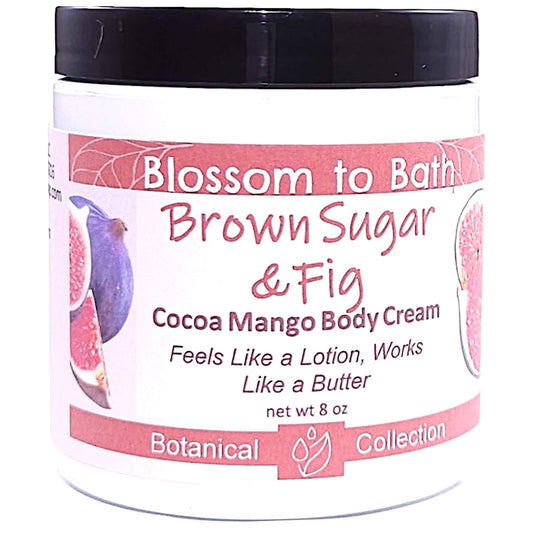 Buy Blossom to Bath Brown Sugar & Fig Cocoa Mango Body Cream from Flowersong Soap Studio.   Rich Body Cream with Sweet and Fruity Scented Butters Softens Even the Roughest Skin All Day .  A warm, syrupy blend of fig and brown sugar that feels cozy, sweet, and naturally indulgent.