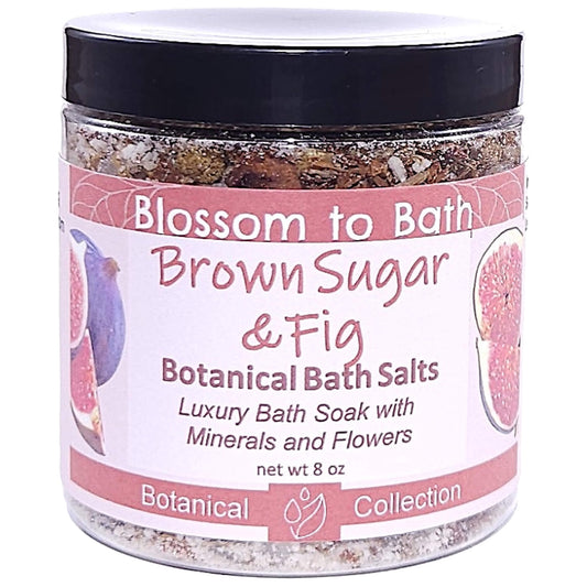Buy Blossom to Bath Brown Sugar & Fig Botanical Bath Salts from Flowersong Soap Studio.   A Hand Selected Variety of Skin Loving Botanicals for a Luxurious Sweet and Fruity Scented Soaking Experience .  A warm, syrupy blend of fig and brown sugar that feels cozy, sweet, and naturally indulgent.