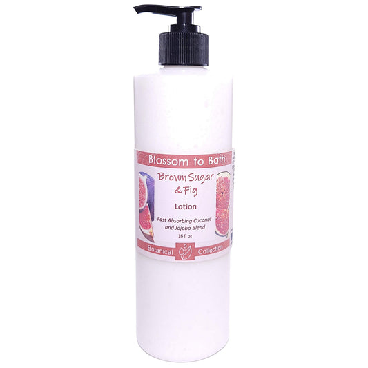 Buy Blossom to Bath Brown Sugar & Fig Lotion from Flowersong Soap Studio.   Daily Use Lotion with a Sweet and Fruity Scent that Soaks in Quickly to Soften and Smooth Skin .  A warm, syrupy blend of fig and brown sugar that feels cozy, sweet, and naturally indulgent.