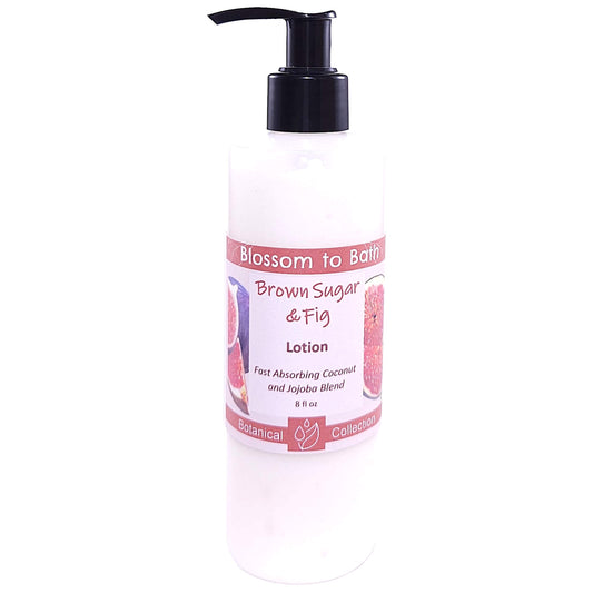 Buy Blossom to Bath Brown Sugar & Fig Lotion from Flowersong Soap Studio.   Daily Use Lotion with a Sweet and Fruity Scent that Soaks in Quickly to Soften and Smooth Skin .  A warm, syrupy blend of fig and brown sugar that feels cozy, sweet, and naturally indulgent.