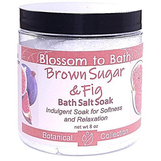 Buy Blossom to Bath Brown Sugar & Fig Bath Salt Soak from Flowersong Soap Studio.   Pure Epsom Salts for a Versatile and Luxurious Sweet and Fruity Scented Soaking Experience .  A warm, syrupy blend of fig and brown sugar that feels cozy, sweet, and naturally indulgent.