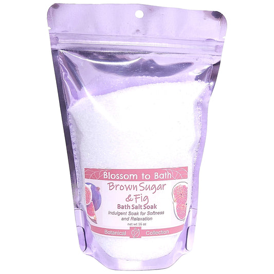 Buy Blossom to Bath Brown Sugar & Fig Bath Salt Soak from Flowersong Soap Studio.   Pure Epsom Salts for a Versatile and Luxurious Sweet and Fruity Scented Soaking Experience .  A warm, syrupy blend of fig and brown sugar that feels cozy, sweet, and naturally indulgent.
