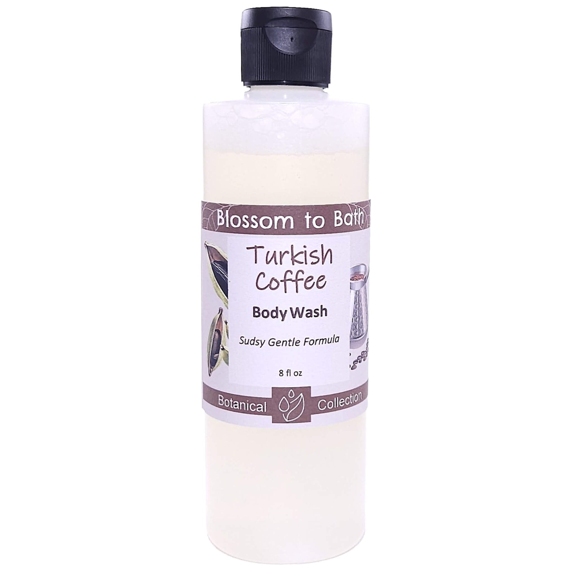 Buy Blossom to Bath Turkish Coffee Body Wash from Flowersong Soap Studio.   Gentle Body Wash for Refreshed and Silky Skin with a Super Sudsy Bold Spiced Scent .  A bold, sweet coffee scent enriched with brown sugar and cardamom spice.