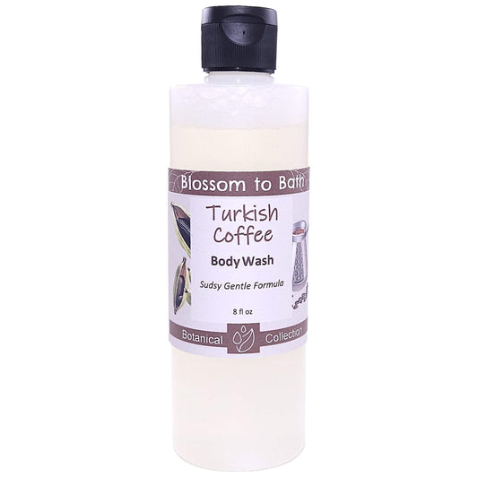 Buy Blossom to Bath Turkish Coffee Body Wash from Flowersong Soap Studio.   Gentle Body Wash for Refreshed and Silky Skin with a Super Sudsy Bold Spiced Scent .  A bold, sweet coffee scent enriched with brown sugar and cardamom spice.