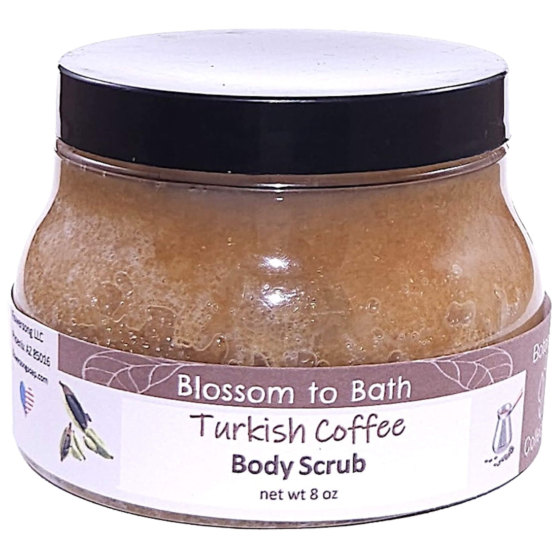 Buy Blossom to Bath Turkish Coffee Body Scrub from Flowersong Soap Studio.   Large Crystal Turbinado Sugar Scrub with Bold Spiced Scented Emollient Oils - Exfoliate and Moisturize in One Step .  A bold, sweet coffee scent enriched with brown sugar and cardamom spice.