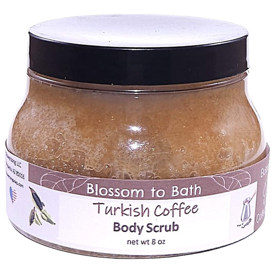 Buy Blossom to Bath Turkish Coffee Body Scrub from Flowersong Soap Studio.   Large Crystal Turbinado Sugar Scrub with Bold Spiced Scented Emollient Oils - Exfoliate and Moisturize in One Step .  A bold, sweet coffee scent enriched with brown sugar and cardamom spice.