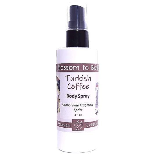 Buy Blossom to Bath Turkish Coffee Body Spray from Flowersong Soap Studio.   Alcohol Free Body Spray for Bold Spiced Scented Freshening of Skin, Linens, or Air .  A bold, sweet coffee scent enriched with brown sugar and cardamom spice.