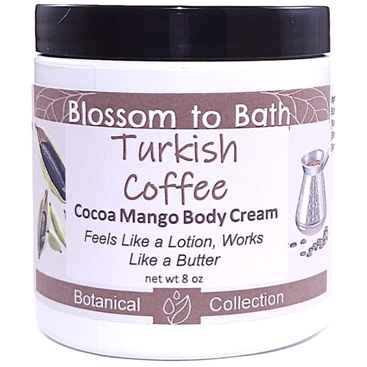 Buy Blossom to Bath Turkish Coffee Cocoa Mango Body Cream from Flowersong Soap Studio.   Rich Body Cream with Bold Spiced Scented Butters Softens Even the Roughest Skin All Day .  A bold, sweet coffee scent enriched with brown sugar and cardamom spice.