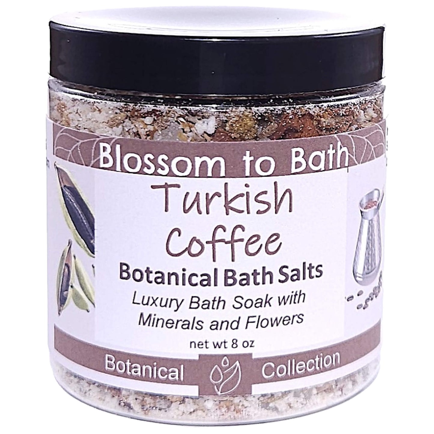 Buy Blossom to Bath Turkish Coffee Botanical Bath Salts from Flowersong Soap Studio.   A Hand Selected Variety of Skin Loving Botanicals for a Luxurious Bold Spiced Scented Soaking Experience .  A bold, sweet coffee scent enriched with brown sugar and cardamom spice.