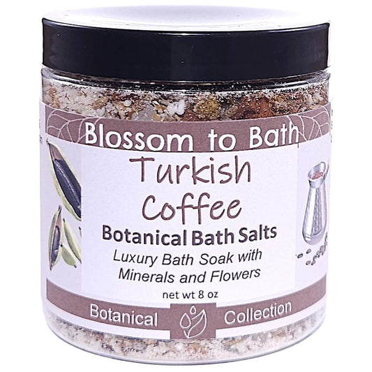Buy Blossom to Bath Turkish Coffee Botanical Bath Salts from Flowersong Soap Studio.   A Hand Selected Variety of Skin Loving Botanicals for a Luxurious Bold Spiced Scented Soaking Experience .  A bold, sweet coffee scent enriched with brown sugar and cardamom spice.