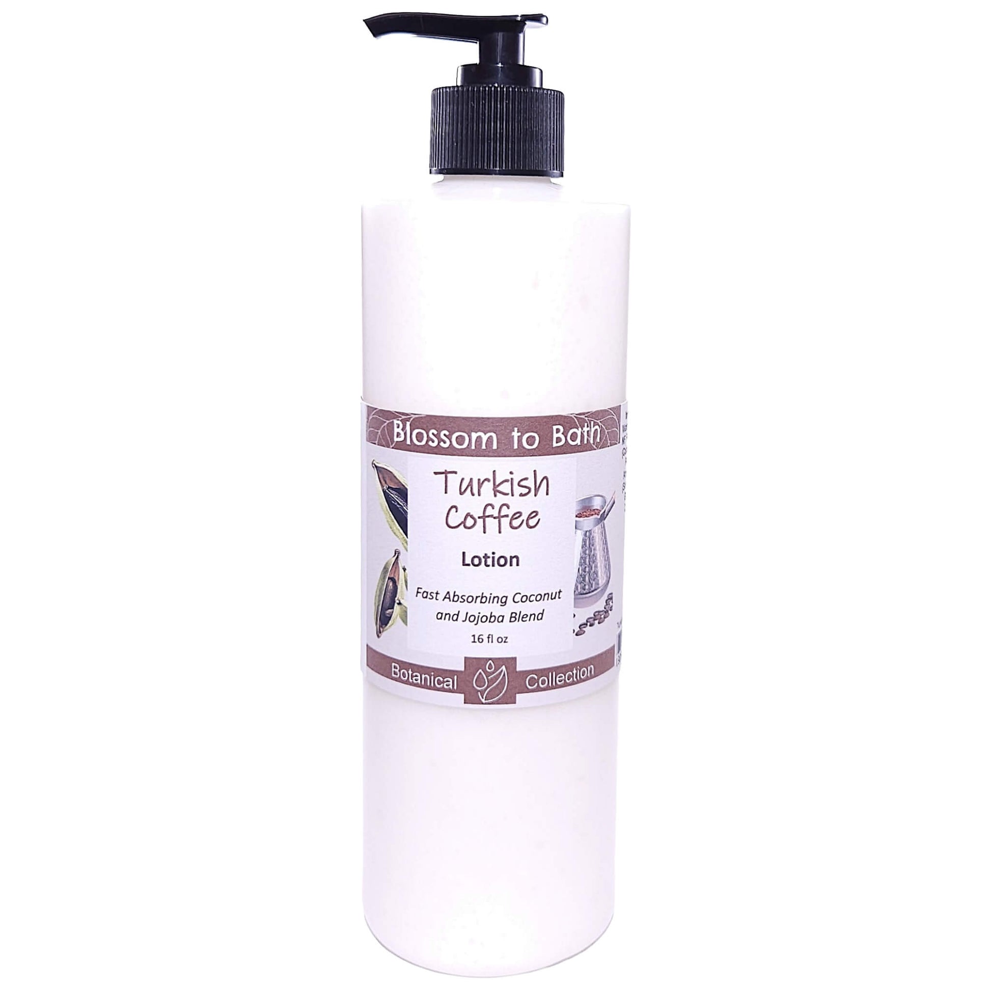 Buy Blossom to Bath Turkish Coffee Lotion from Flowersong Soap Studio.   Daily Use Lotion with a Bold Spiced Scent that Soaks in Quickly to Soften and Smooth Skin .  A bold, sweet coffee scent enriched with brown sugar and cardamom spice.