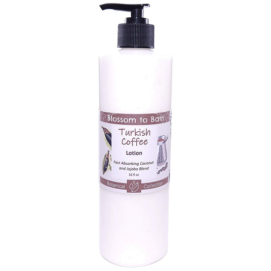 Buy Blossom to Bath Turkish Coffee Lotion from Flowersong Soap Studio.   Daily Use Lotion with a Bold Spiced Scent that Soaks in Quickly to Soften and Smooth Skin .  A bold, sweet coffee scent enriched with brown sugar and cardamom spice.